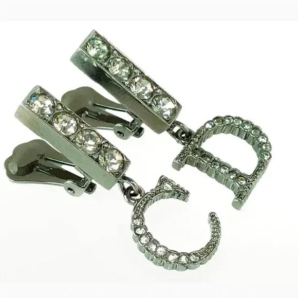 Christian Dior Black Color Rhinestone Logo Swing Earrings - Picture 6 of 8